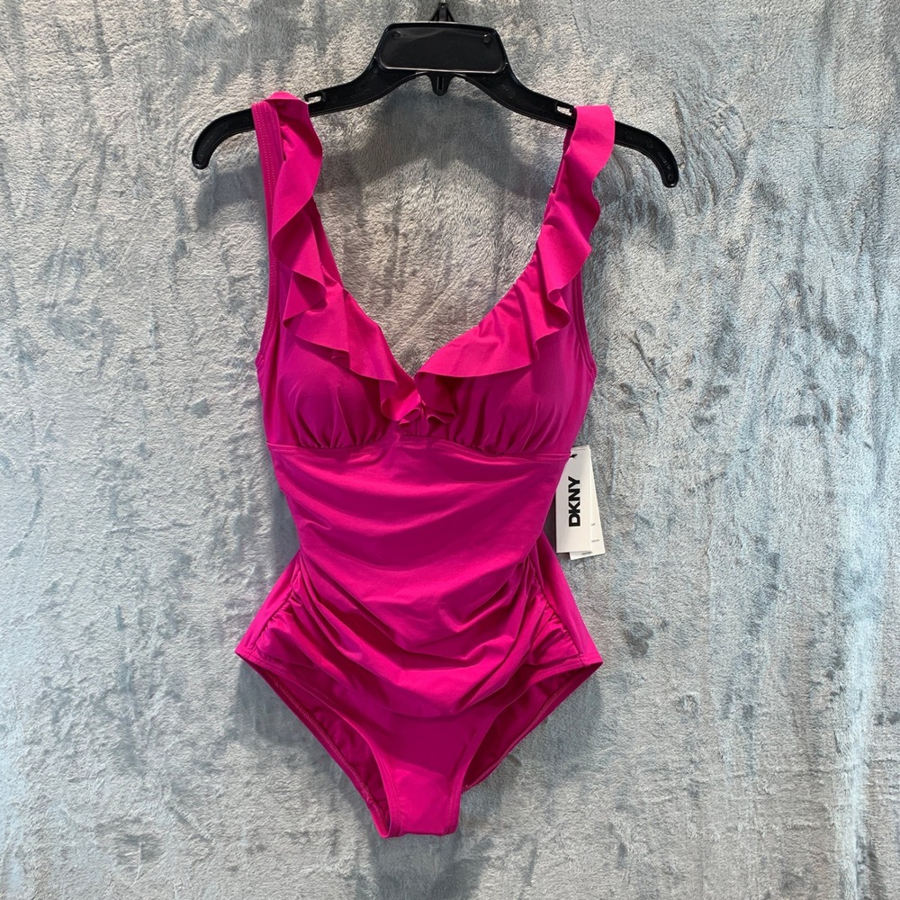 DKNY Womens Pink Ruffle V-Neck Underwire One Piece Swimsuit DIMMS691 Size S - Picture 1 of 8